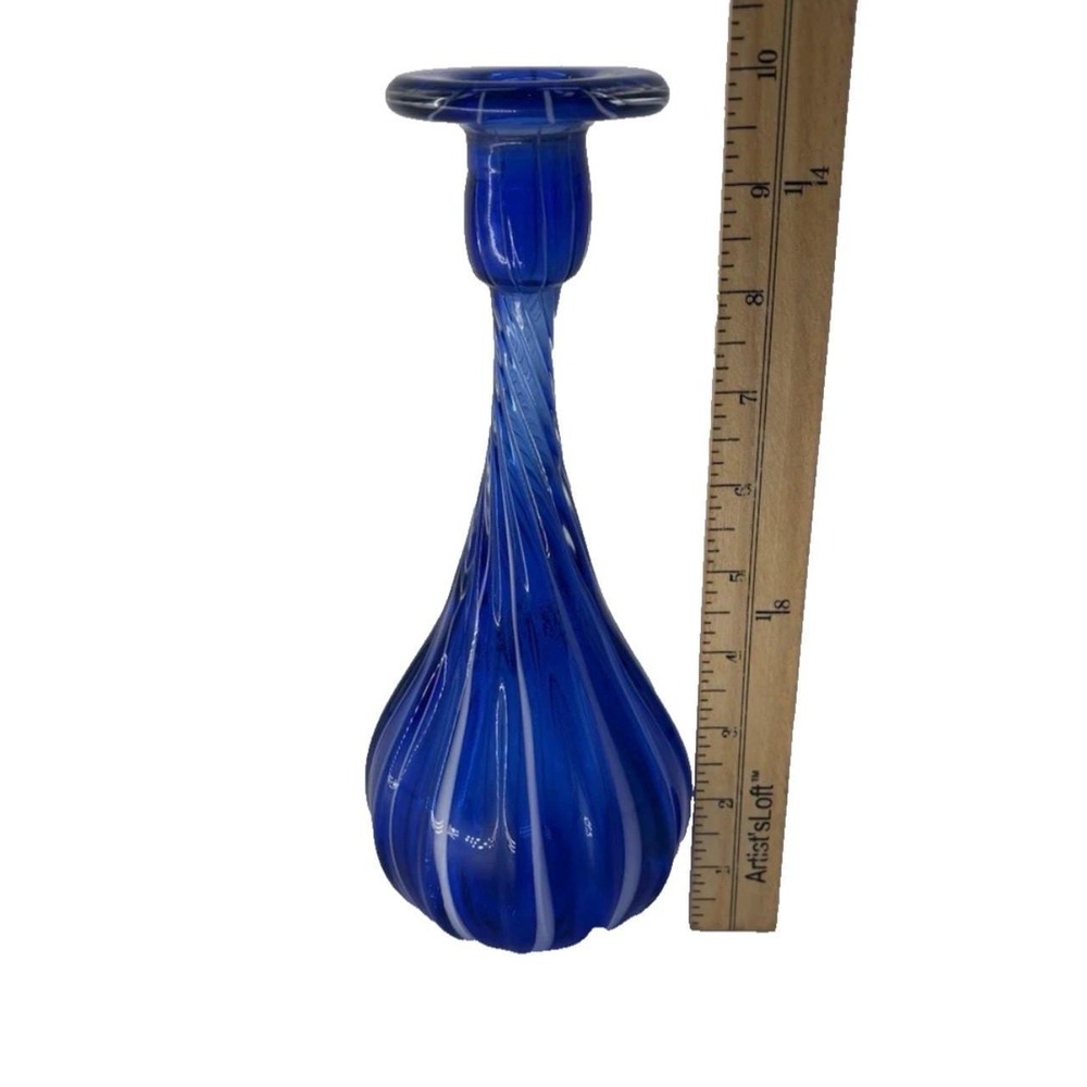 Vintage Cobalt Blue Bottle Vase Candle Holder Handblown Glass Italian Swirl 10" - Picture 6 of 7